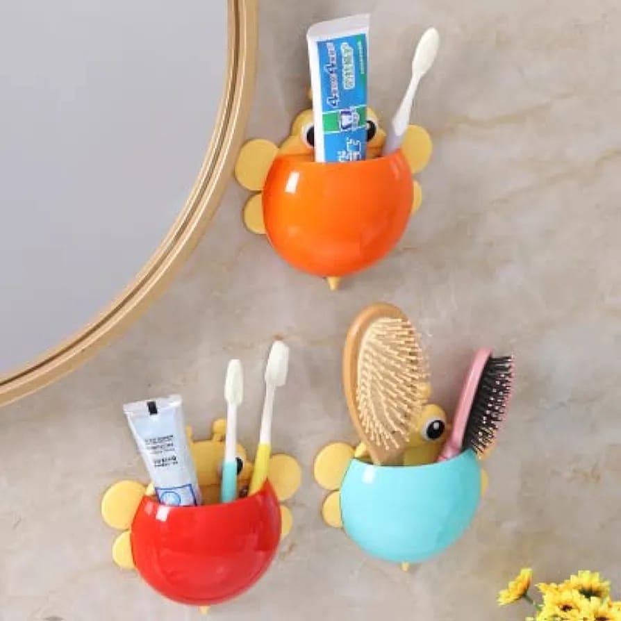 Bee Shaped Plastic Toothbrush Holder with Suction Hook ? Cute Wall Mounted Toothbrush Stand for Kids &amp; Travel (Random Colors)