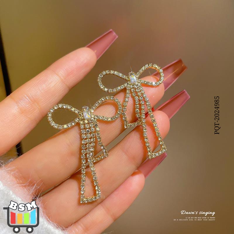 PQT-985 Touch Of Glamour To Your Look With These Bow Shape Zircon Korean Earrings ? Color Golden