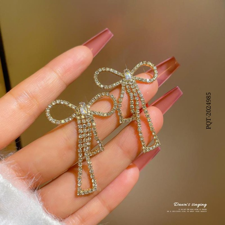 PQT-985 Touch Of Glamour To Your Look With These Bow Shape Zircon Korean Earrings ? Color Golden