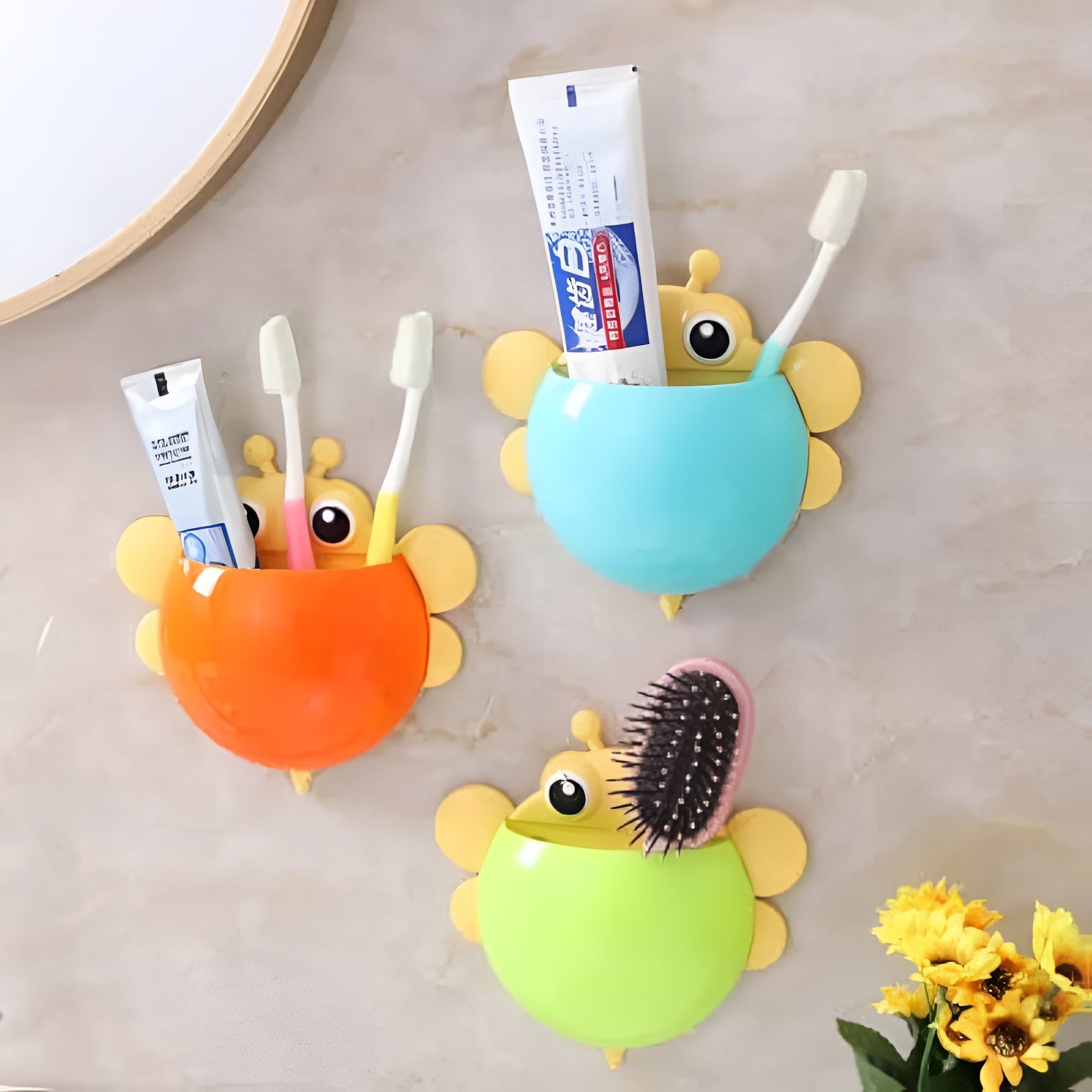 Bee Shaped Plastic Toothbrush Holder with Suction Hook ? Cute Wall Mounted Toothbrush Stand for Kids &amp; Travel (Random Colors)