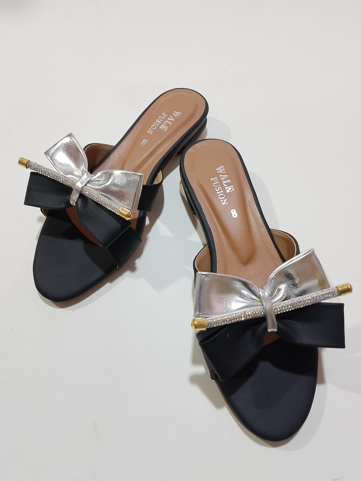 New Fashion New Design Black Bow Slide Sandals with Crystal Accent For Women