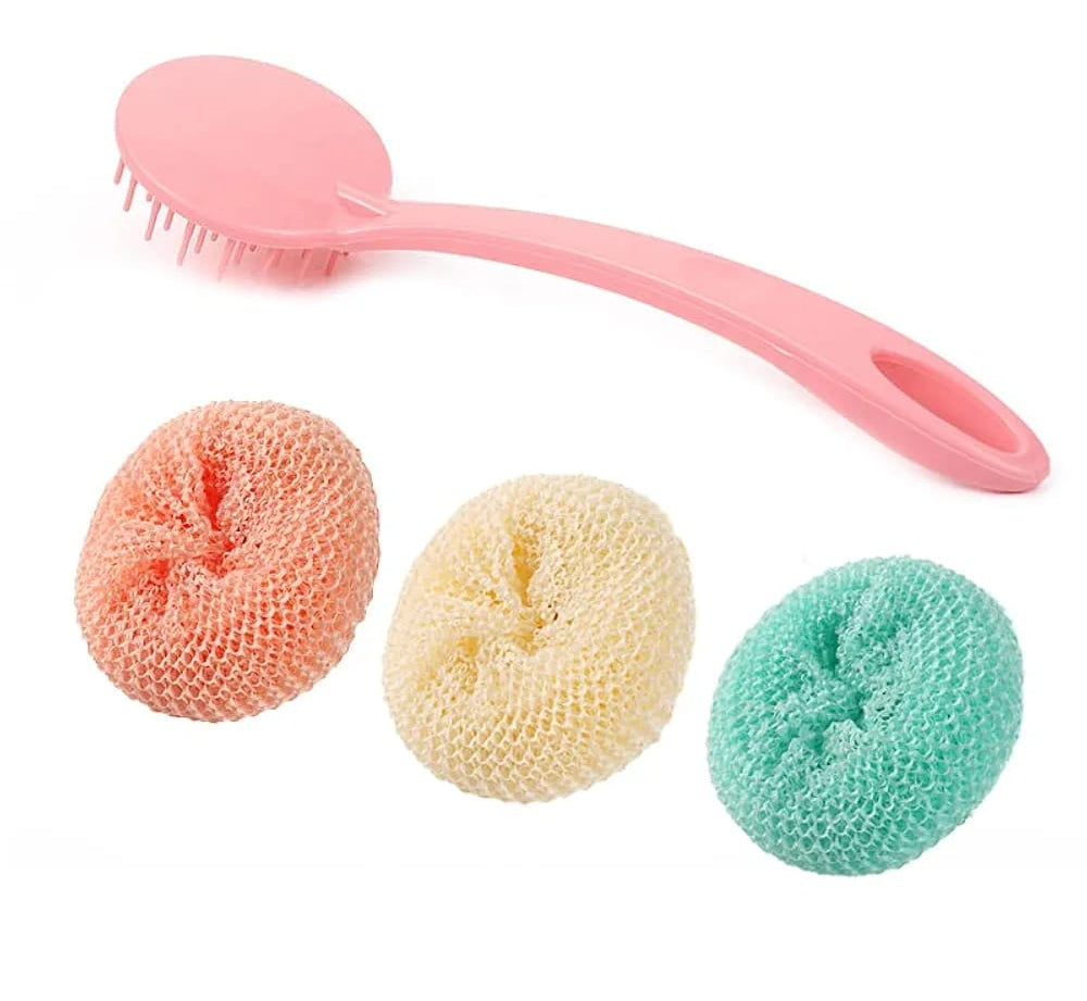 Multipurpose Fiber Cleaning Balls with Long Handle ? Reusable Scrubbers for Kitchen &amp; Household Cleaning (1 Handle &amp; 3 Balls)(Random color)