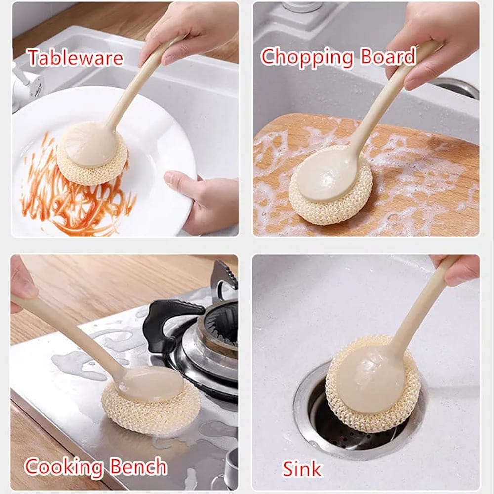 Multipurpose Fiber Cleaning Balls with Long Handle ? Reusable Scrubbers for Kitchen &amp; Household Cleaning (1 Handle &amp; 3 Balls)(Random color)