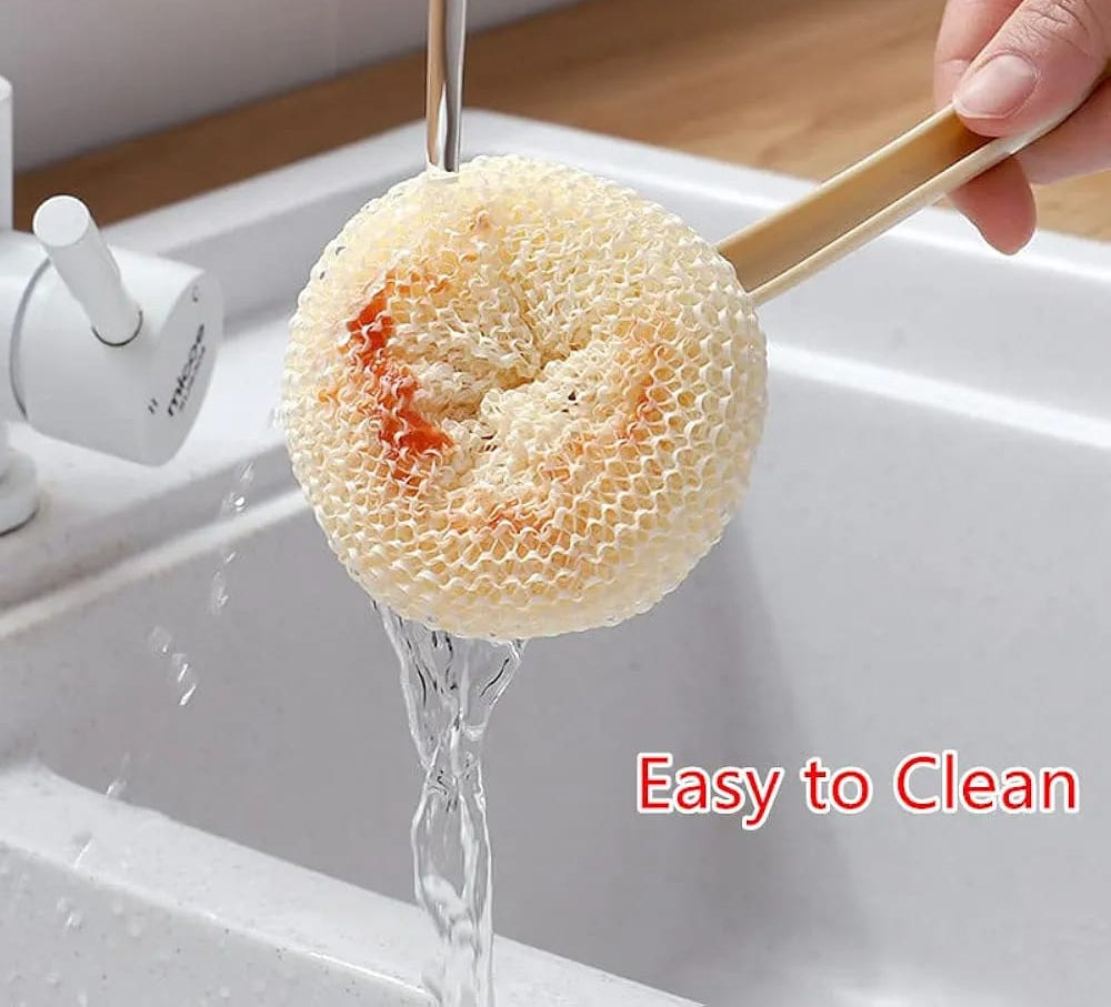 Multipurpose Fiber Cleaning Balls with Long Handle ? Reusable Scrubbers for Kitchen &amp; Household Cleaning (1 Handle &amp; 3 Balls)(Random color)