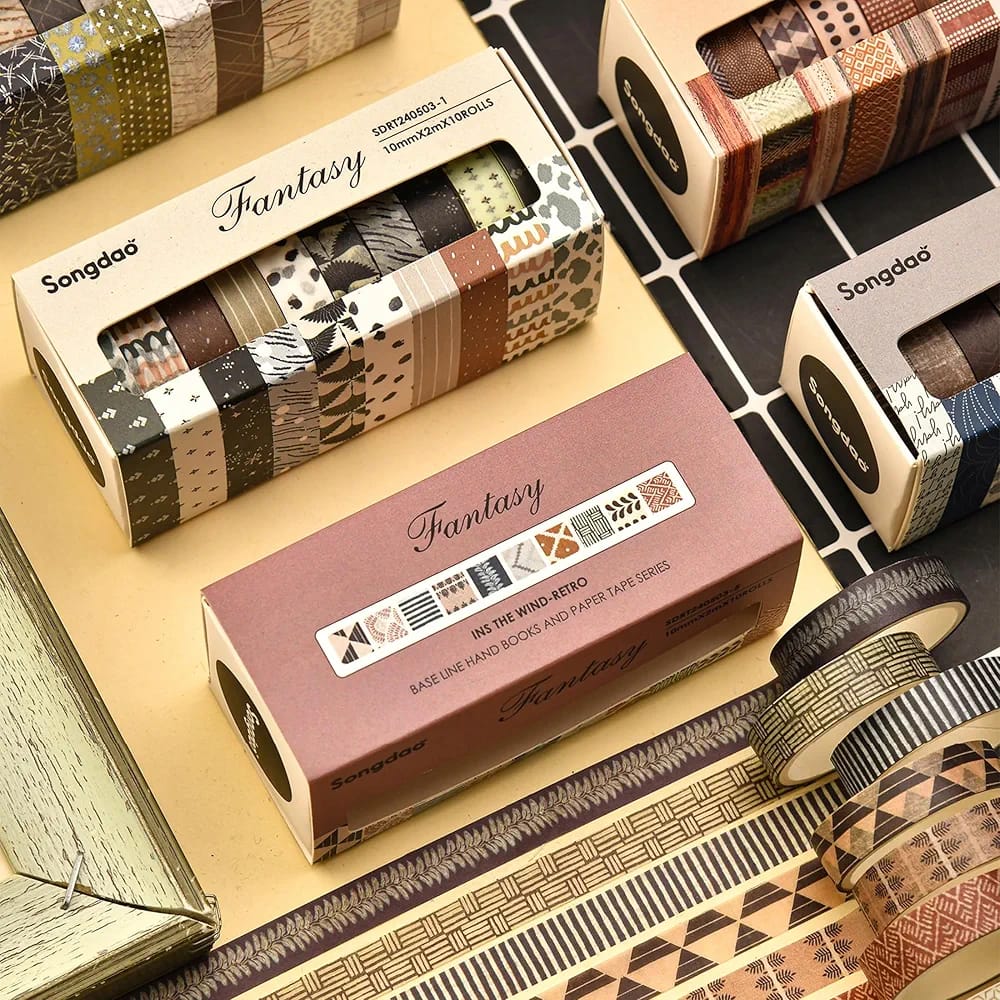 Songdao 10 Rolls Fantasy Washi Tape Set Texture Arts Adhesive Tapes Basic Patterns Decorative Masking Tape Sets for Craft, Kids, Scrapbook, DIY, Gift Wrapping (Style Four)