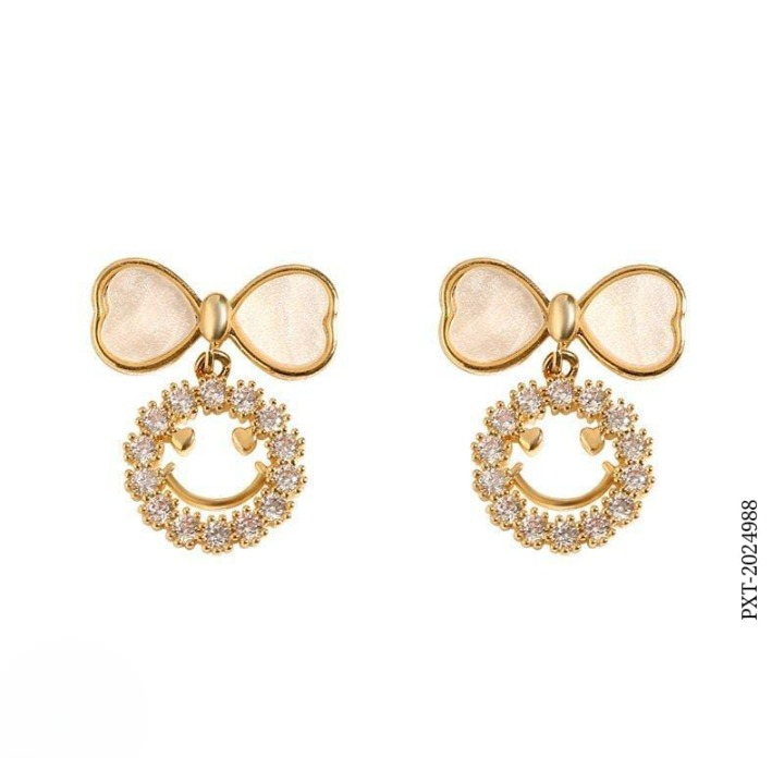PXT-988 Smiley Face Zircon Korean Earrings ? Elegant Bow &amp; Crystal Circle Design - Available In Goden And Silver Color