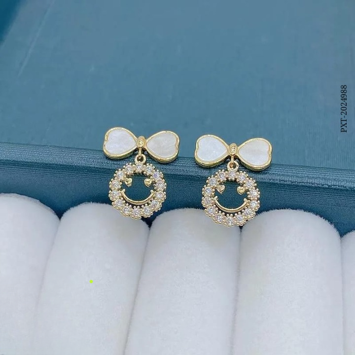 PXT-988 Smiley Face Zircon Korean Earrings ? Elegant Bow &amp; Crystal Circle Design - Available In Goden And Silver Color