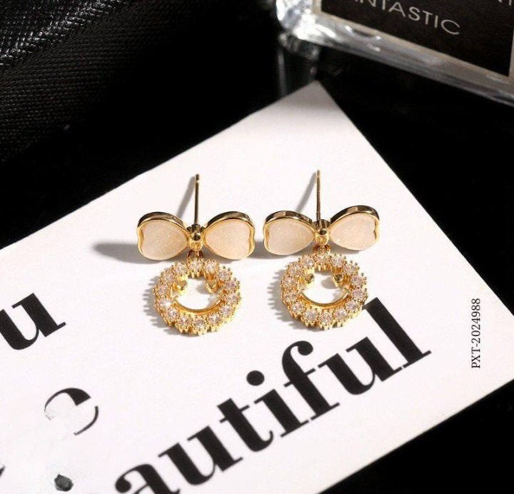 PXT-988 Smiley Face Zircon Korean Earrings ? Elegant Bow &amp; Crystal Circle Design - Available In Goden And Silver Color