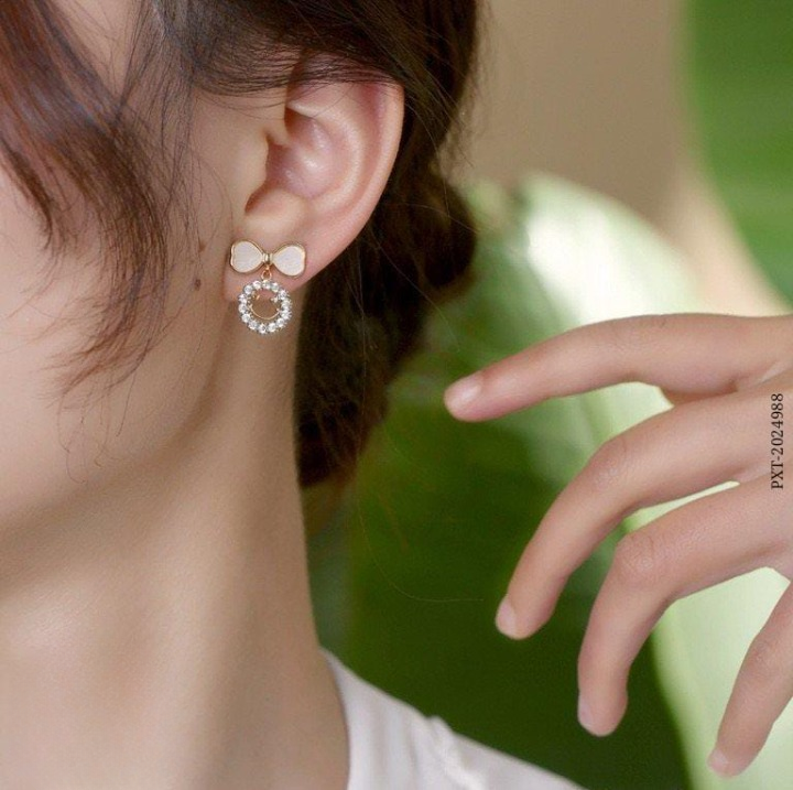 PXT-988 Smiley Face Zircon Korean Earrings ? Elegant Bow &amp; Crystal Circle Design - Available In Goden And Silver Color