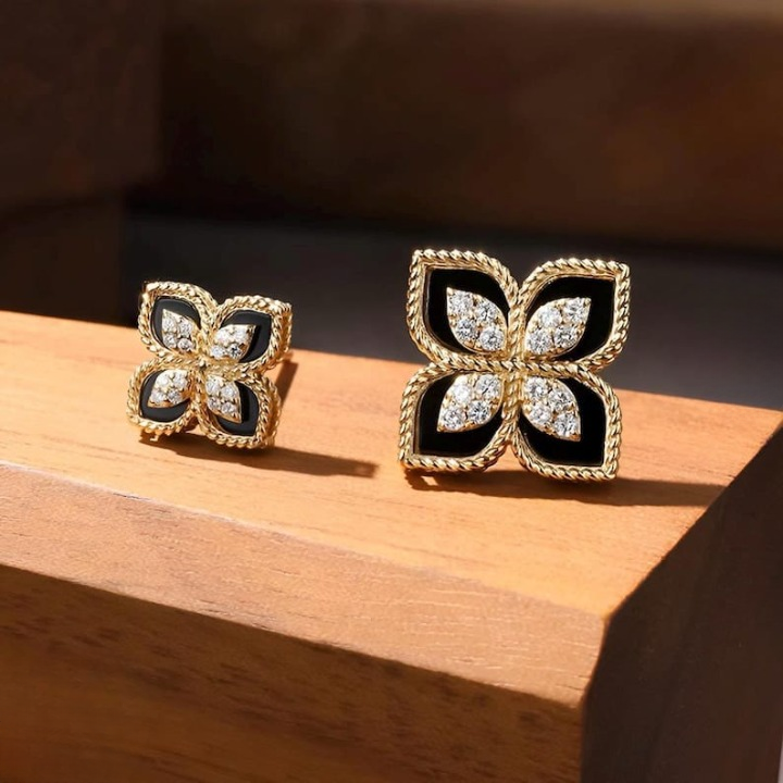 Black and Gold Floral Earrings ? Sparkling Four-Leaf Studs with Cubic Zirconia (PJT-991)