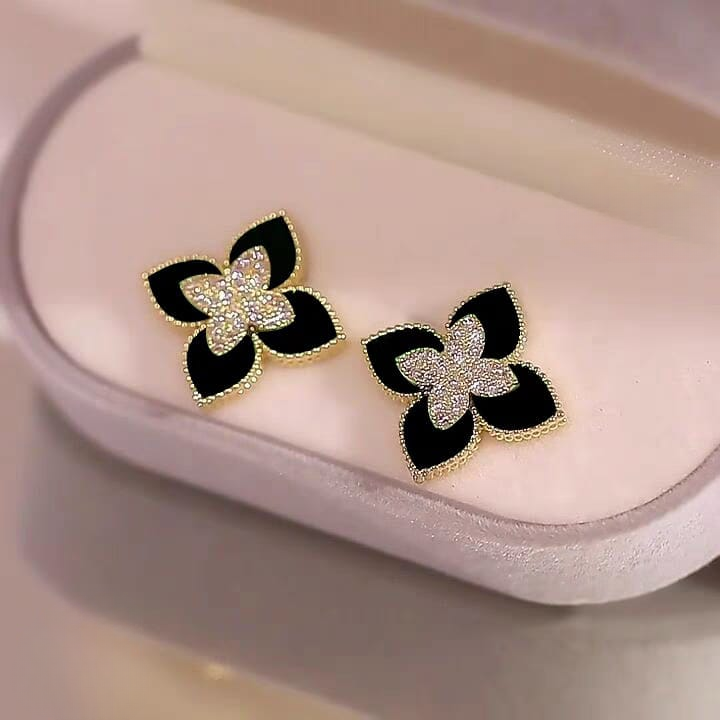 Black and Gold Floral Earrings ? Sparkling Four-Leaf Studs with Cubic Zirconia (PJT-991)