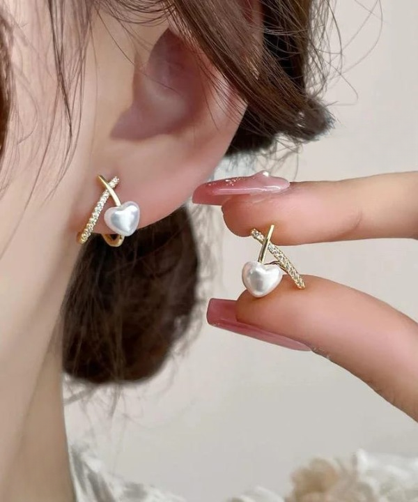 Stylish Minimalist Pearl Heart Earrings ? Gold Hoop with Crystal Detailing - Cross Heart Peal Korean Earrings (PJT-993)