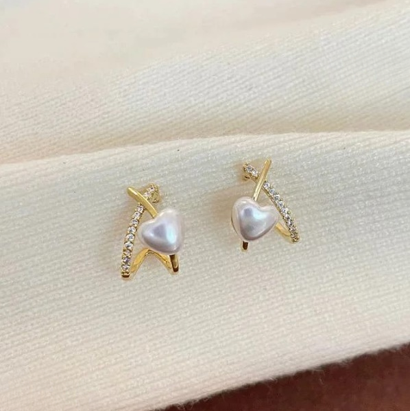 Stylish Minimalist Pearl Heart Earrings ? Gold Hoop with Crystal Detailing - Cross Heart Peal Korean Earrings (PJT-993)