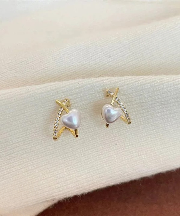 Stylish Minimalist Pearl Heart Earrings ? Gold Hoop with Crystal Detailing - Cross Heart Peal Korean Earrings (PJT-993)
