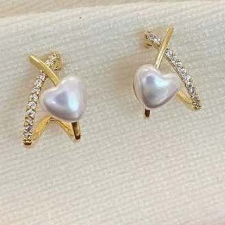 Stylish Minimalist Pearl Heart Earrings ? Gold Hoop with Crystal Detailing - Cross Heart Peal Korean Earrings (PJT-993)