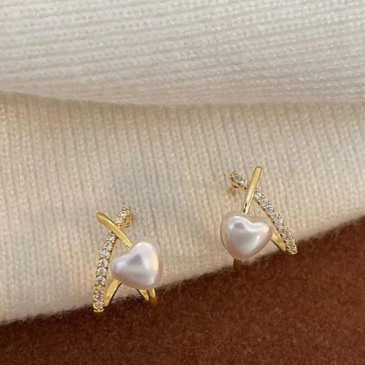 Stylish Minimalist Pearl Heart Earrings ? Gold Hoop with Crystal Detailing - Cross Heart Peal Korean Earrings (PJT-993)