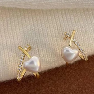 Stylish Minimalist Pearl Heart Earrings ? Gold Hoop with Crystal Detailing - Cross Heart Peal Korean Earrings (PJT-993)