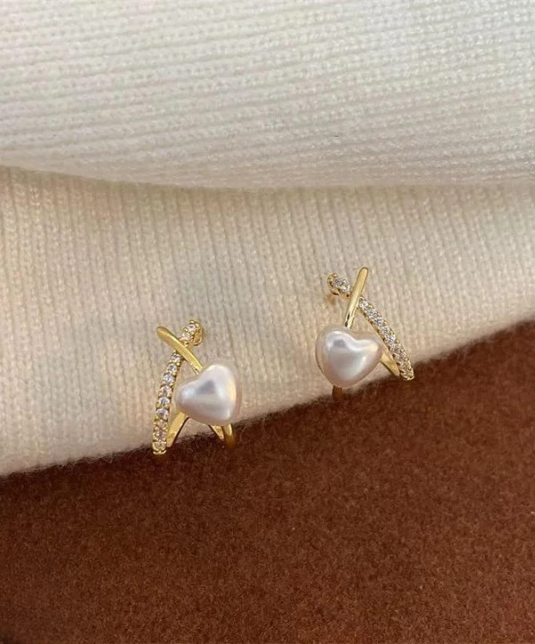 Stylish Minimalist Pearl Heart Earrings ? Gold Hoop with Crystal Detailing - Cross Heart Peal Korean Earrings (PJT-993)