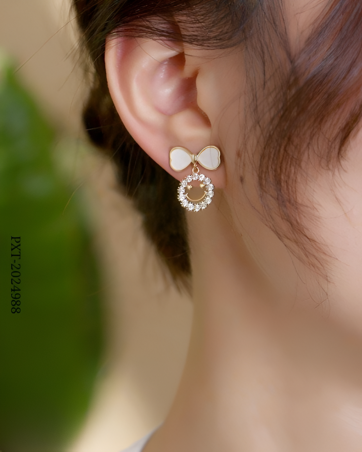 PXT-988 Smiley Face Zircon Korean Earrings ? Elegant Bow &amp; Crystal Circle Design - Available In Goden And Silver Color