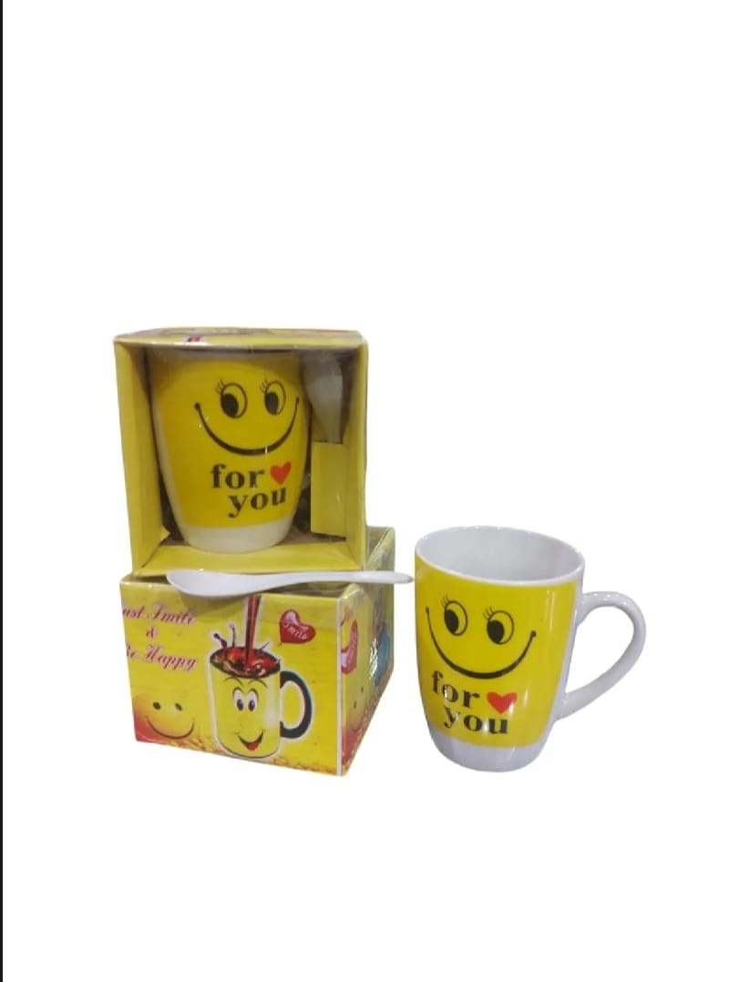 Smart and Cute Emoji Ceramic Smiley Cup with Spoon ? Stylish Tea and Coffee Mug, Perfect Gift for Birthday, Celebration, and Decoration (Random Designs)