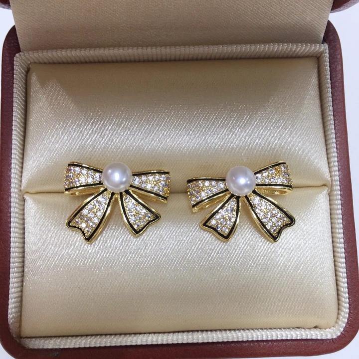 PJT-995 Bow Shape Zircon Pearl Earrings for Women ? Korean Style Jewelry with Sparkling Zircon &amp; Classic Pearl Center | Available in Golden &amp; Silver | Perfect Gift for Parties, Weddings &amp; Everyday Fashion