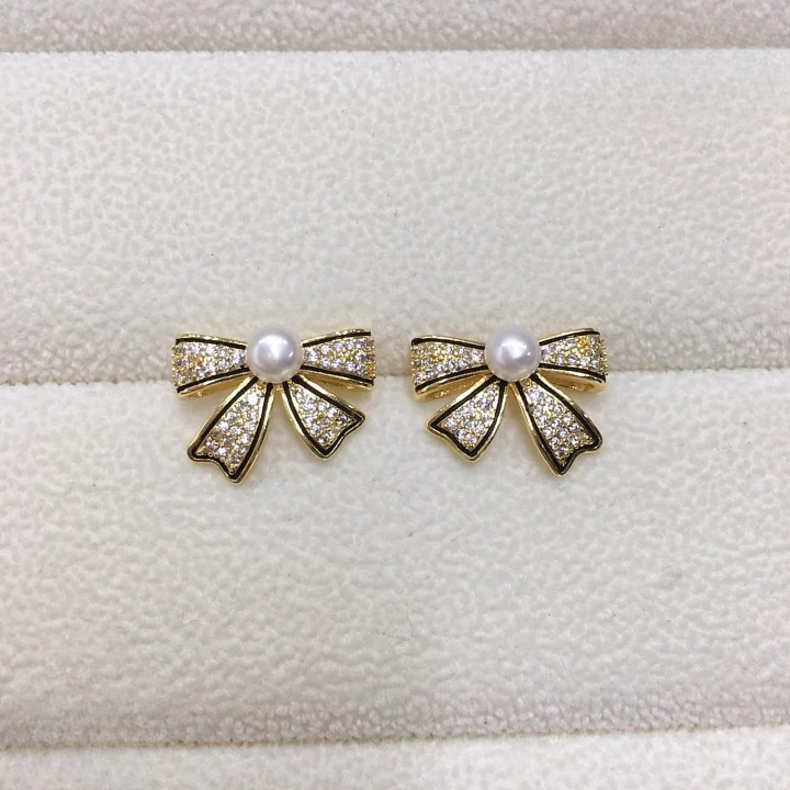 PJT-995 Bow Shape Zircon Pearl Earrings for Women ? Korean Style Jewelry with Sparkling Zircon &amp; Classic Pearl Center | Available in Golden &amp; Silver | Perfect Gift for Parties, Weddings &amp; Everyday Fashion