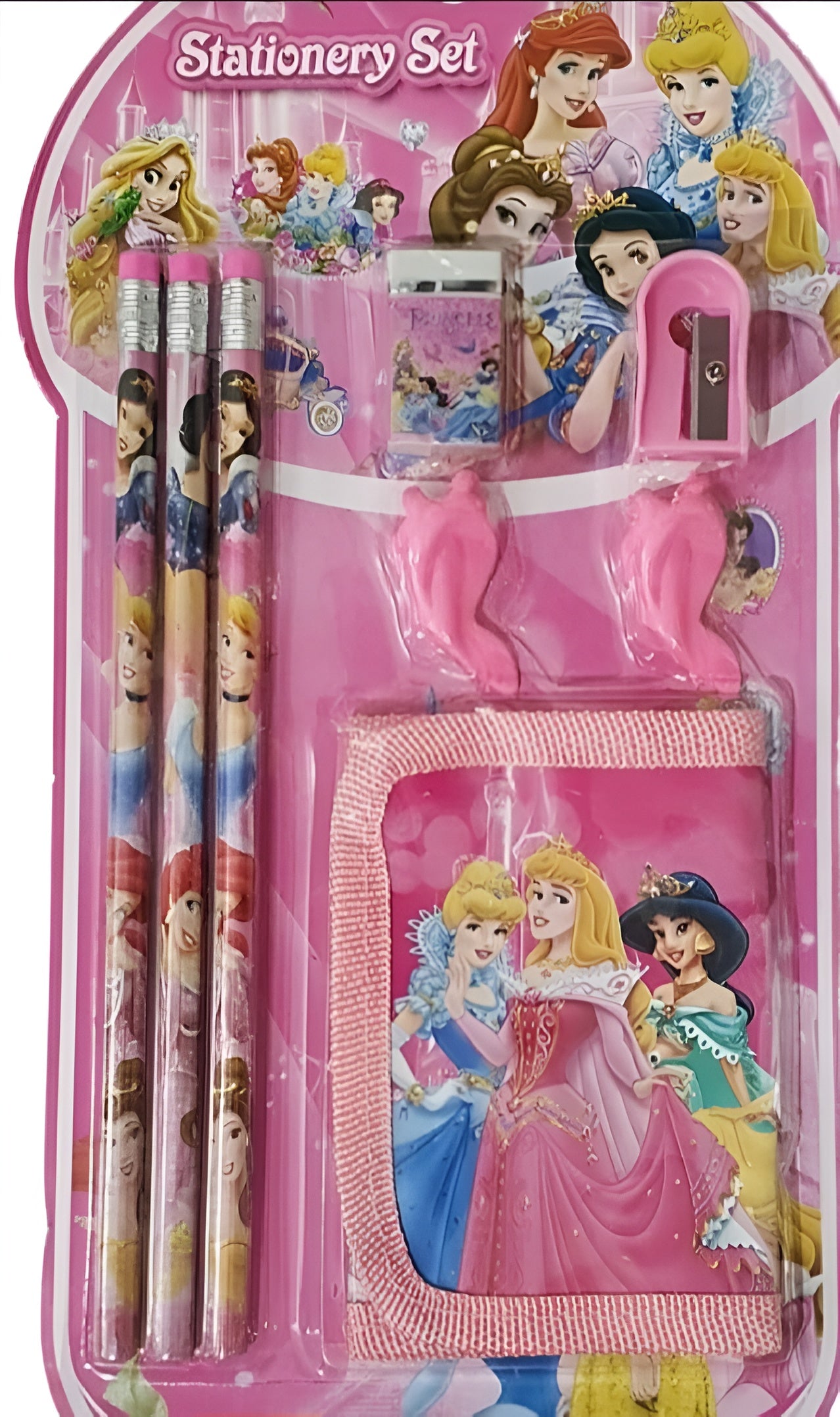 8 Pcs Disney Stationery Gift Set for Kids ? Includes Pencils, Eraser, Sharpener, Pencil Caps &amp; Wallet (Random Character)