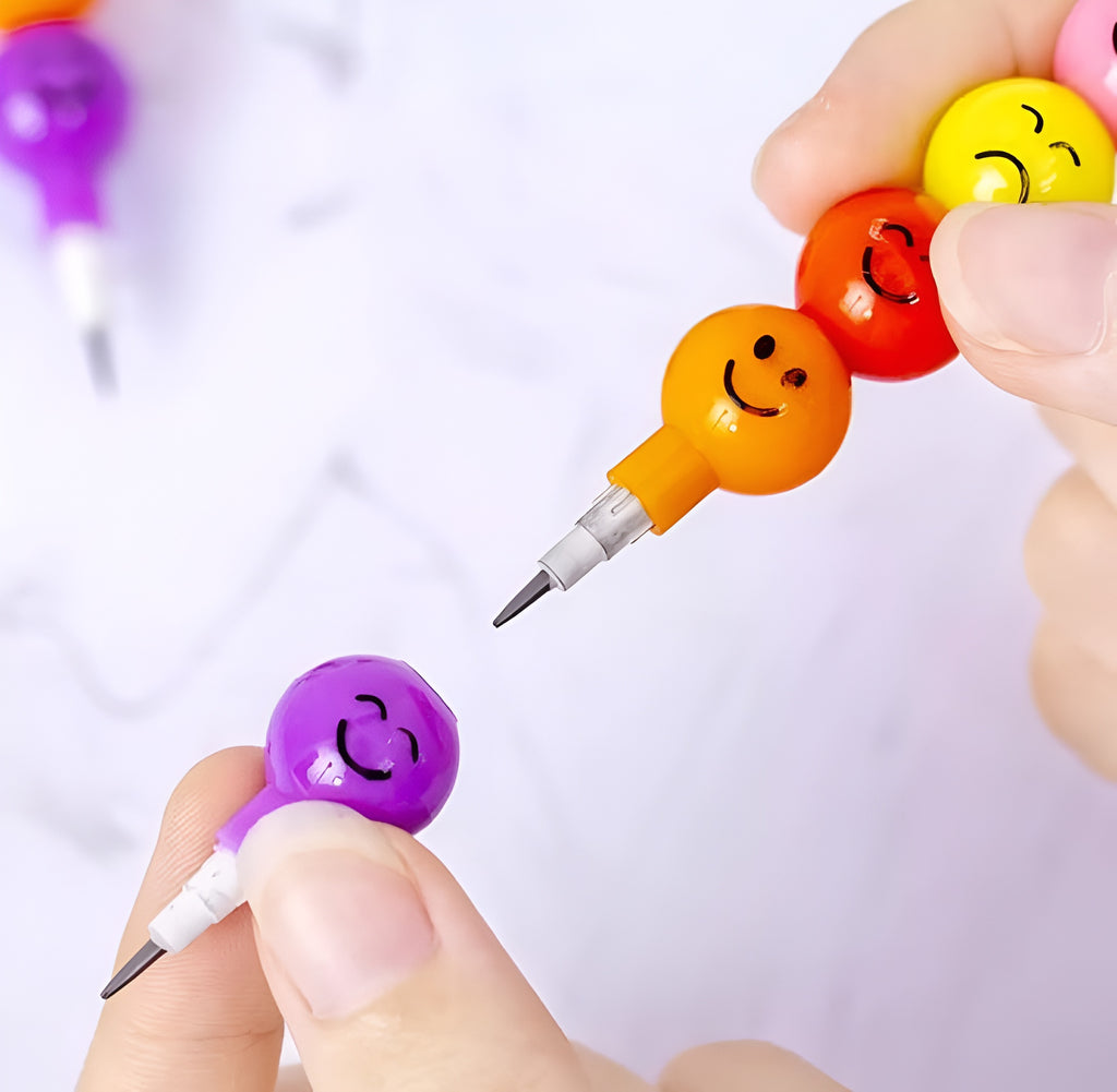 4 Pcs Smiley Cartoon Stationery Pencils ? Fun Rainbow Pens with Cute Funny Faces for Kids, Students, and Gifts (Random Color)