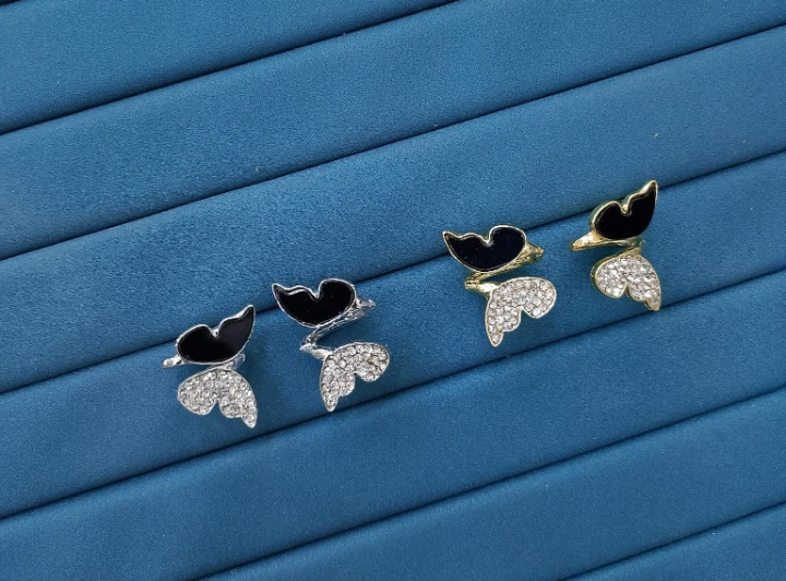 Zircon Butterfly Style Earrings for Women ? Elegant Golden &amp; Silver Studs with Black Enamel and Sparkling Stones (AWJ-997)