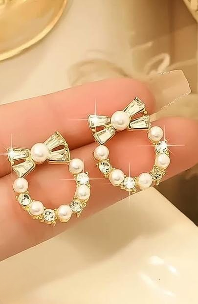 Pearl Bow Korean Zircon Earrings for Women ? Elegant Bowknot Design with Sparkling Zircon and Pearl Accents | Premium Golden and Silver Fashion Jewelry for Weddings, Parties, and Everyday Wear | AXT-100