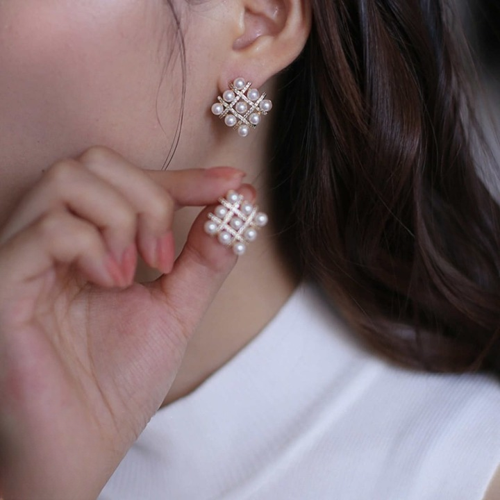 Pearl Square Korean Earrings ? Elegant Women?s Fashion Jewelry in Silver and Golden Colors PJT-106