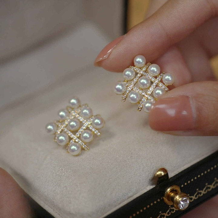 Pearl Square Korean Earrings ? Elegant Women?s Fashion Jewelry in Silver and Golden Colors PJT-106