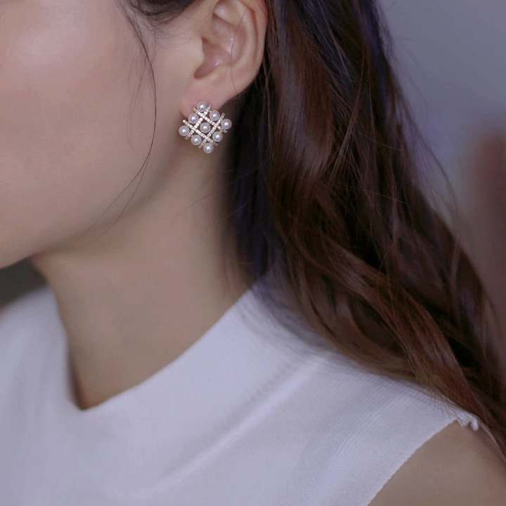 Pearl Square Korean Earrings ? Elegant Women?s Fashion Jewelry in Silver and Golden Colors PJT-106