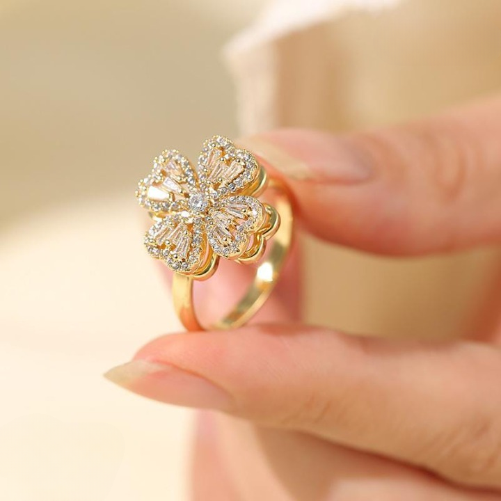 Clover Zircon Rotating Ring ? Elegant Adjustable Spinner Ring for Women &amp; Girls, Silver &amp; Golden Finish (QSJ-110) 