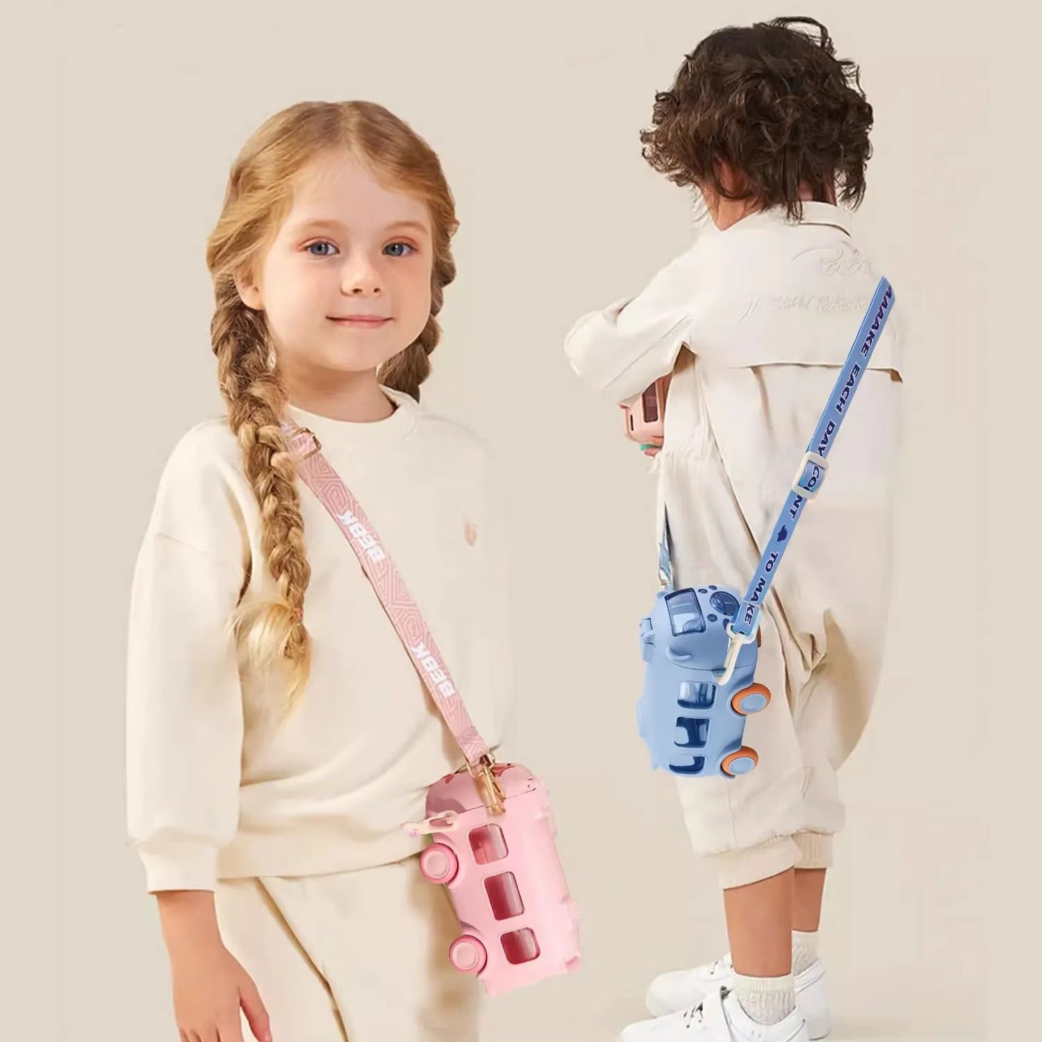 School Bus Design Kids Water Bottle With Strap? 600ml ABS Plastic Leak-Proof Bottle Small Square Drinking Cup ? Fun &amp; Durable Water Bottle for Children (Random Color)