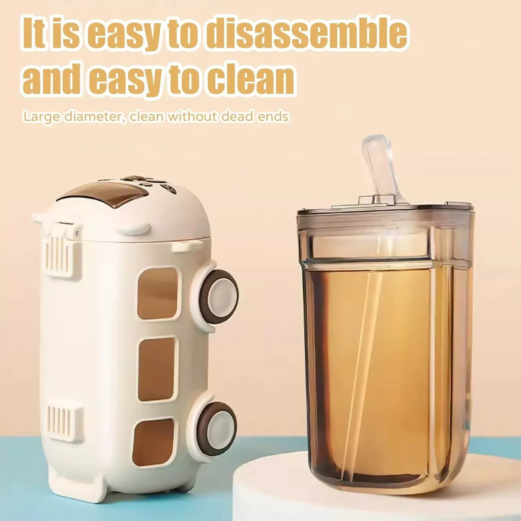 School Bus Design Kids Water Bottle With Strap? 600ml ABS Plastic Leak-Proof Bottle Small Square Drinking Cup ? Fun &amp; Durable Water Bottle for Children (Random Color)