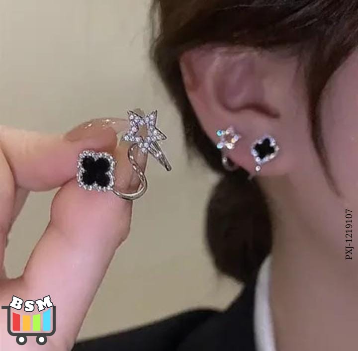 Sparkling Clover Star Earrings ? Gold Plated Fashion Jewelry with Black Enamel &amp; Crystal Detailing ( PXJ-107)