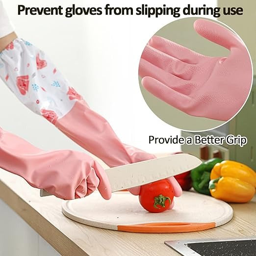 Long Reusable Dishwashing Gloves with Warm Fleece Lining ? Extra Long Waterproof Rubber Cleaning Gloves, Anti-Slip, Heat Resistant for Kitchen, Laundry, and Household Use (Random Color)