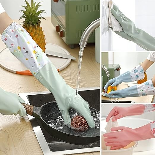 Long Reusable Dishwashing Gloves with Warm Fleece Lining ? Extra Long Waterproof Rubber Cleaning Gloves, Anti-Slip, Heat Resistant for Kitchen, Laundry, and Household Use (Random Color)