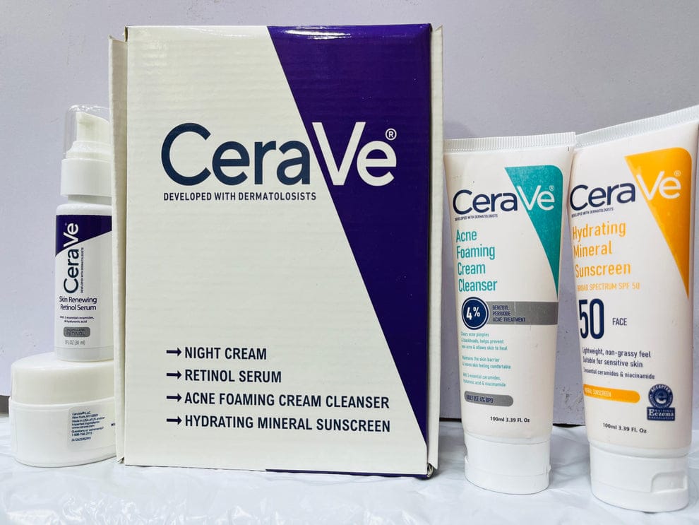 CeraVe Skincare Set ? Night Cream, Retinol Serum, Acne Foaming Cream Cleanser, and Hydrating Mineral Sunscreen SPF 50 ? Dermatologist Developed