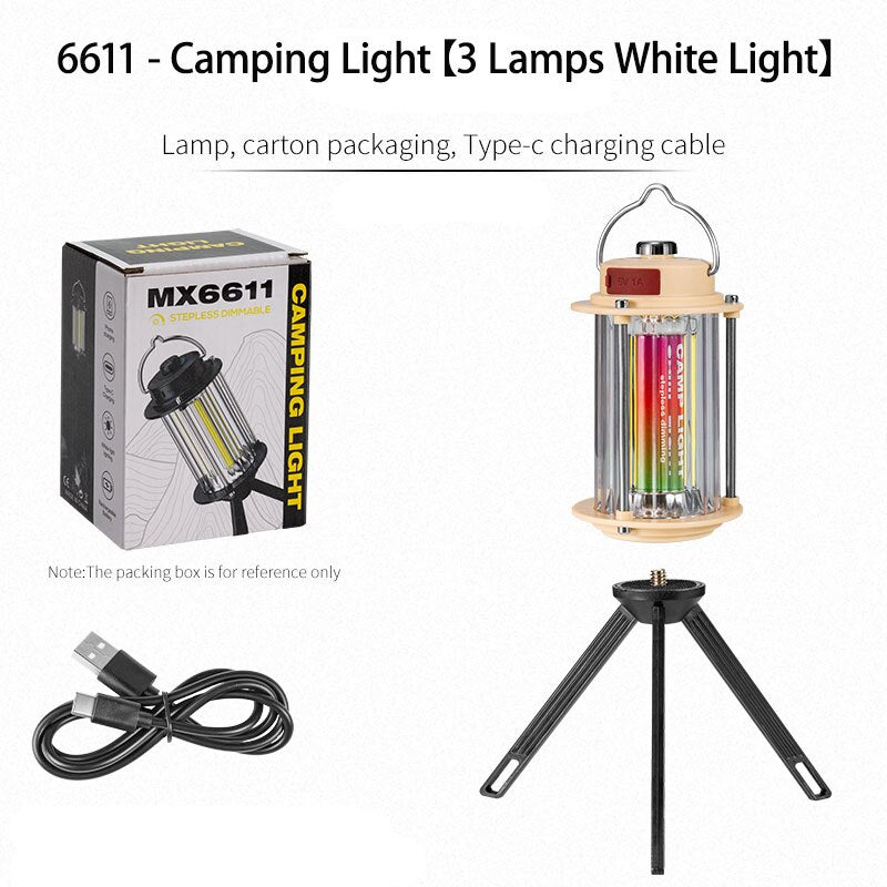 MX6611 Stepless Dimmable LED Camping Light ? Portable Rechargeable Outdoor Lantern with Tripod Stand