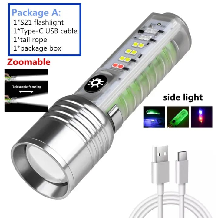 520A Multifunctional Zoom Flashlight | Rechargeable Torch with White, Red, Blue &amp; UV LED  White Laser