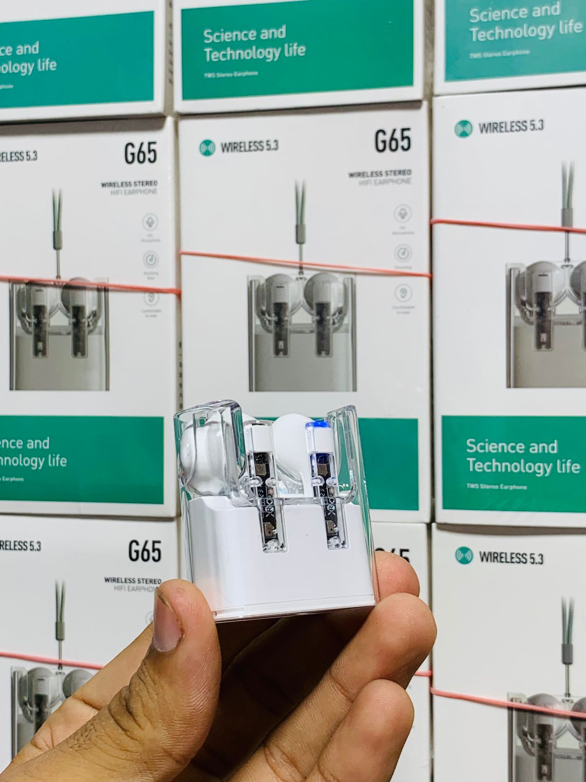 G65 Wireless Stereo HiFi Earphones ? Bluetooth 5.3, Transparent Design, ANC, Sweatproof, Built-in Microphone, 7-Hour Battery