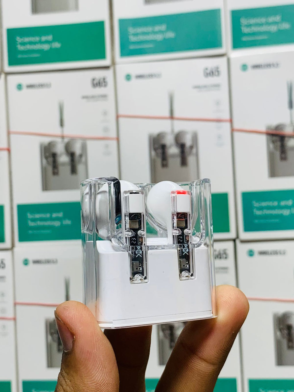 G65 Wireless Stereo HiFi Earphones ? Bluetooth 5.3, Transparent Design, ANC, Sweatproof, Built-in Microphone, 7-Hour Battery