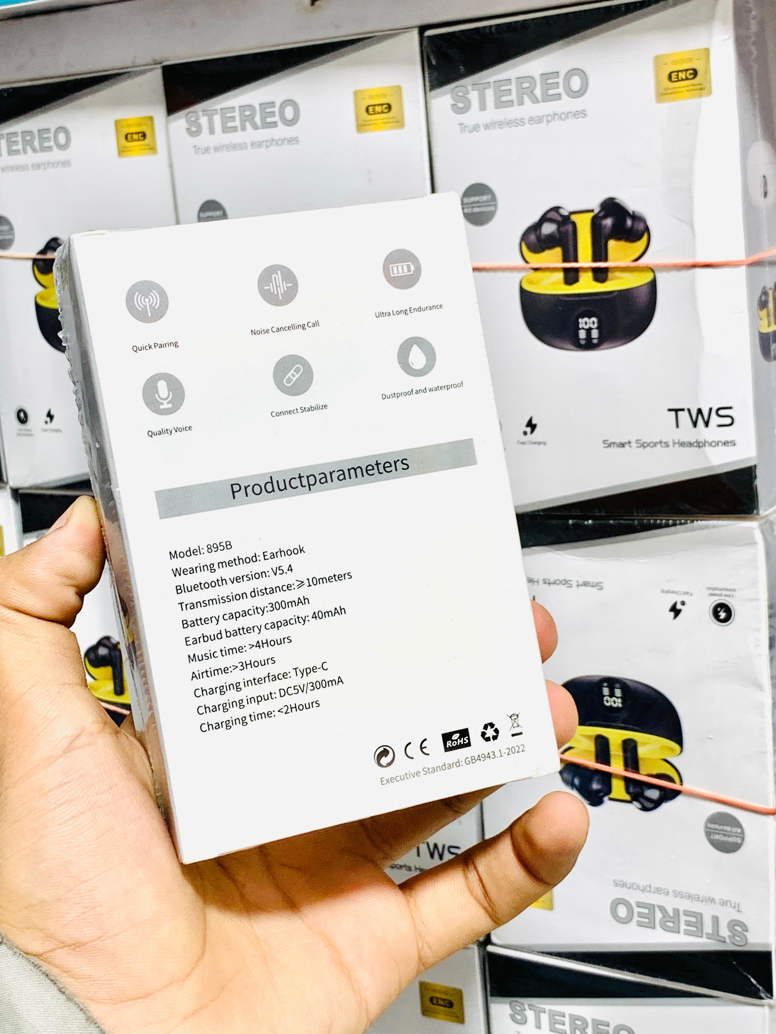 Stereo Wireless Earphones 895B ? Bluetooth v5.4, Premium Deep Bass, Waterproof, Dustproof, LCD Display, Long Battery Life