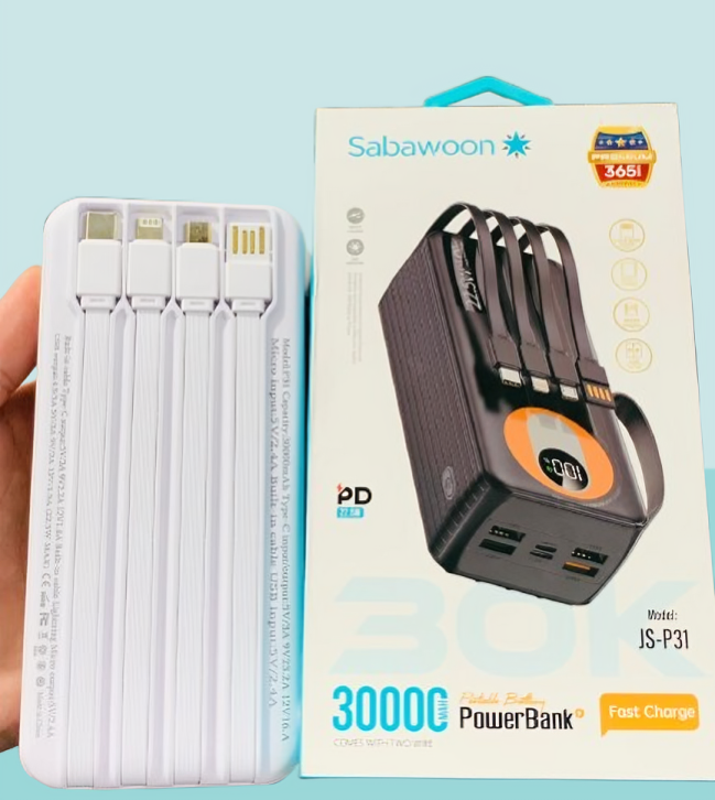 Sabawoon 30000mAh Power Bank ? Fast Charging, Built-in 4 Cables, Lithium Battery, Universal Mobile Compatibility