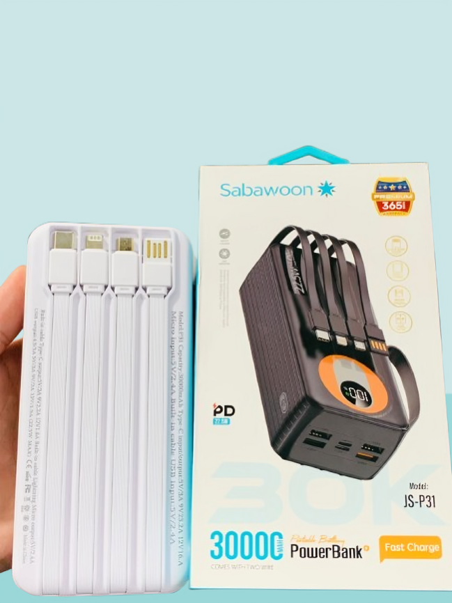 Sabawoon 30000mAh Power Bank ? Fast Charging, Built-in 4 Cables, Lithium Battery, Universal Mobile Compatibility