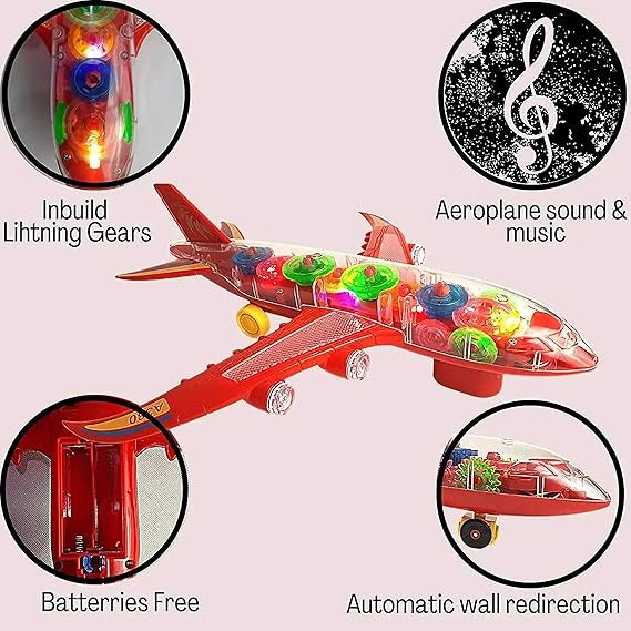 New Trending Transparent Gear Plane Toy ? Light Mode, Music, Bump-and-Go Action, 45×46 cm, Battery Operated, for Kids Ages 3 and Up