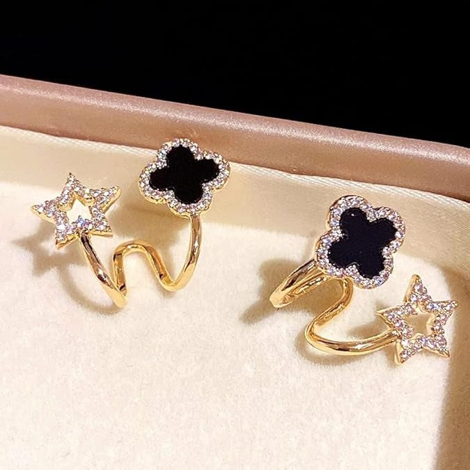 Sparkling Clover Star Earrings ? Gold Plated Fashion Jewelry with Black Enamel &amp; Crystal Detailing ( PXJ-107)