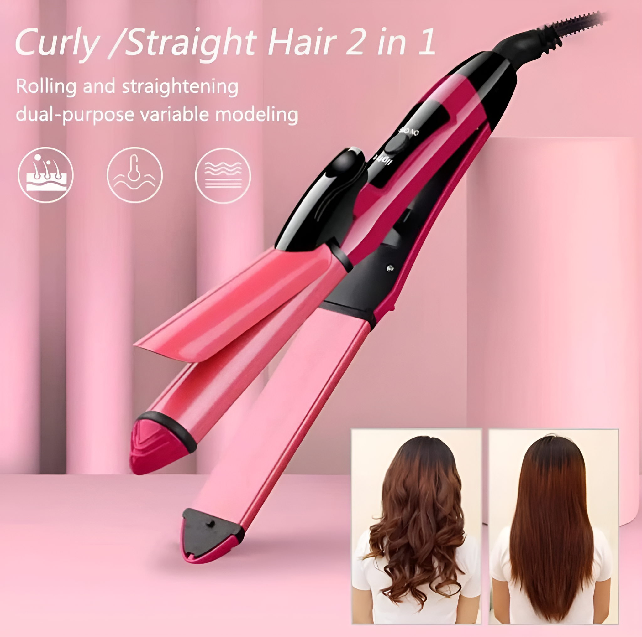 Nova 2-in-1 Hair Straightener &amp; Curler ? Model NH-2009, Quick Heat-Up Ceramic Plates for Smooth Straightening &amp; Effortless Curls, Portable Dual-Use Styling Tool for All Hair Types